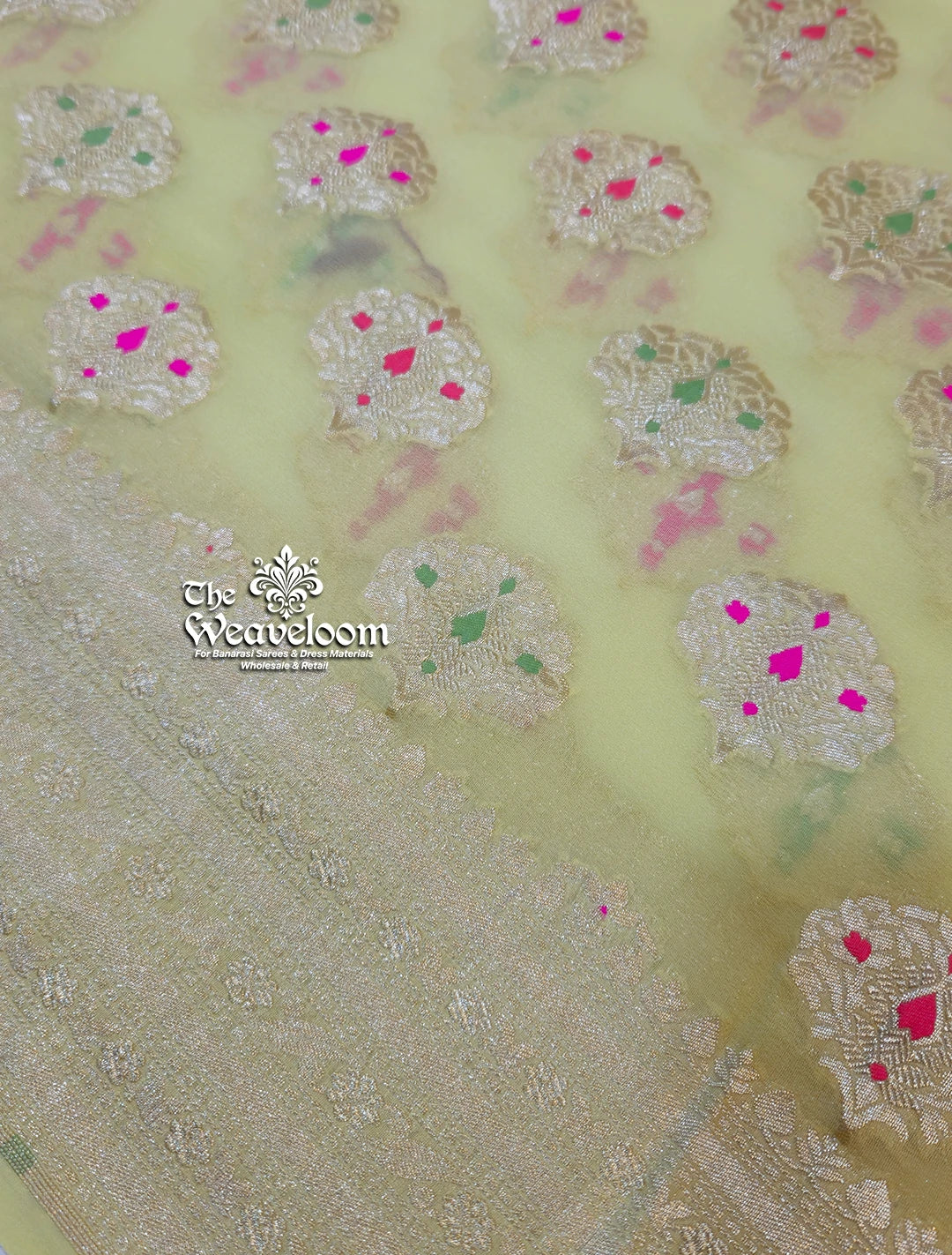 Cream Khaddi Georgette Pure Banarasi Saree with Meenakari by The Weaveloom