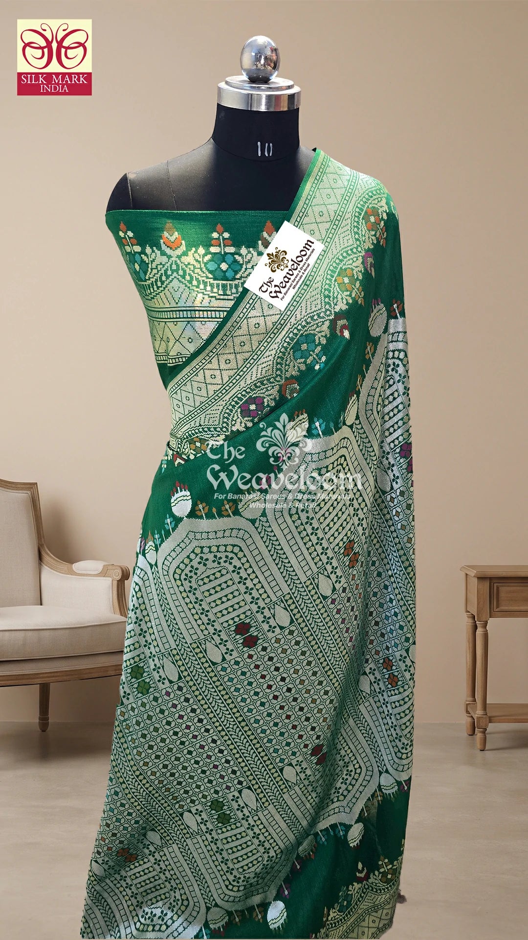 Emerald Green Tussar Georgette Pure Banarasi Saree with Meenakari – The Weaveloom