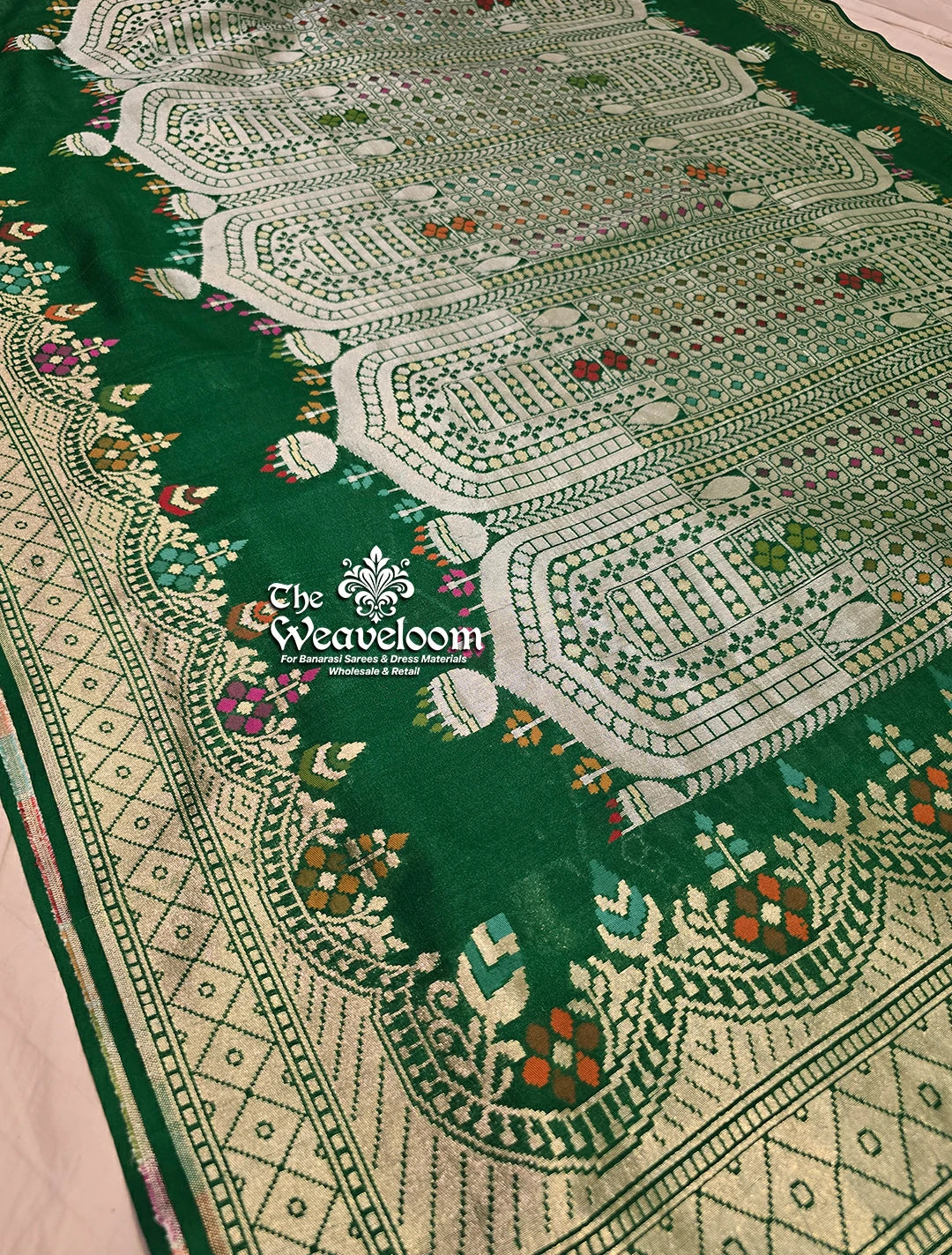 Emerald Green Tussar Georgette Pure Banarasi Saree with Meenakari – The Weaveloom