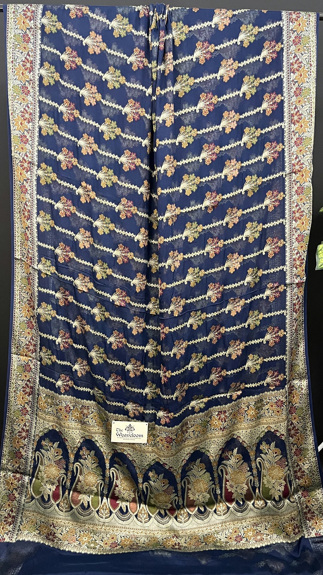 German Blue Pure Khaddi Chiffon Banarasi Saree Floral Jaal Zari Pallu - The Weaveloom