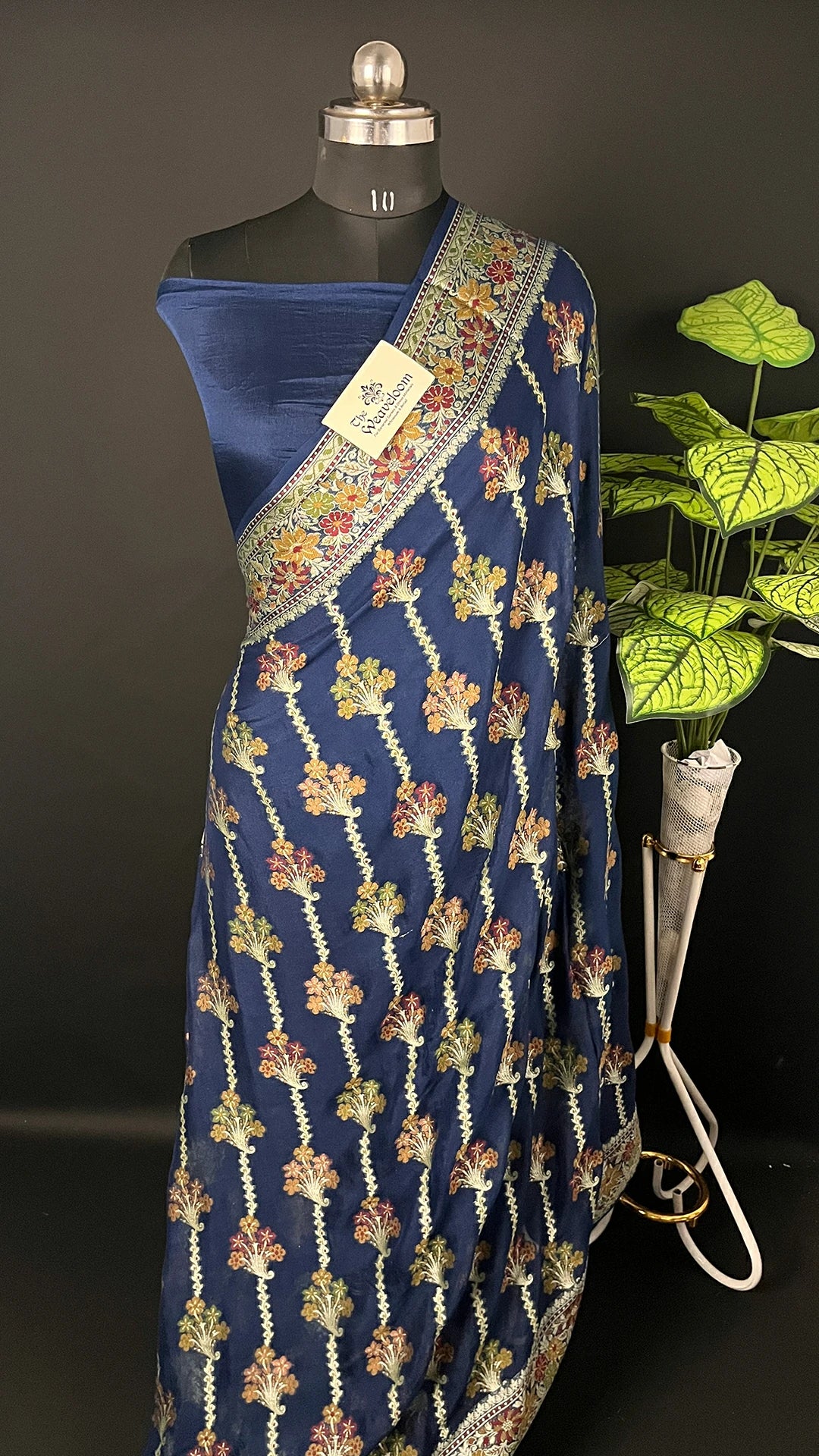 German Blue Pure Khaddi Chiffon Banarasi Saree Floral Jaal Zari Pallu - The Weaveloom