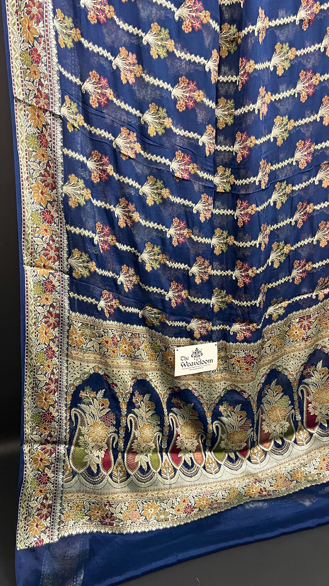 German Blue Pure Khaddi Chiffon Banarasi Saree Floral Jaal Zari Pallu - The Weaveloom