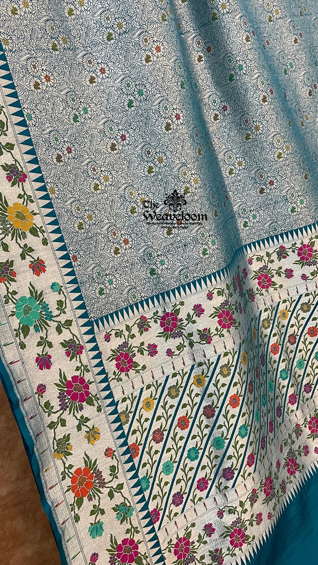 German Blue - Tussar Georgette Brocade Banarasi Saree with Meenakari - The Weaveloom