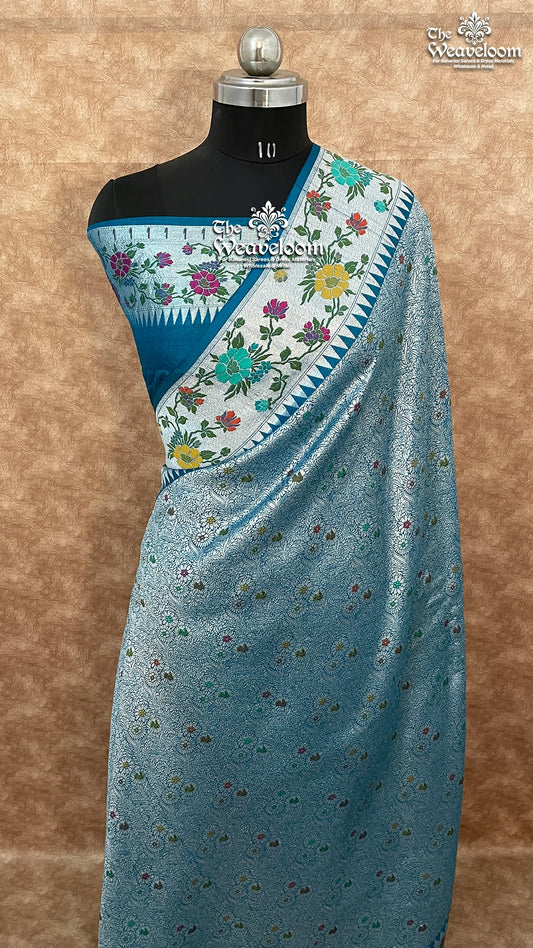German Blue - Tussar Georgette Brocade Banarasi Saree with Meenakari - The Weaveloom