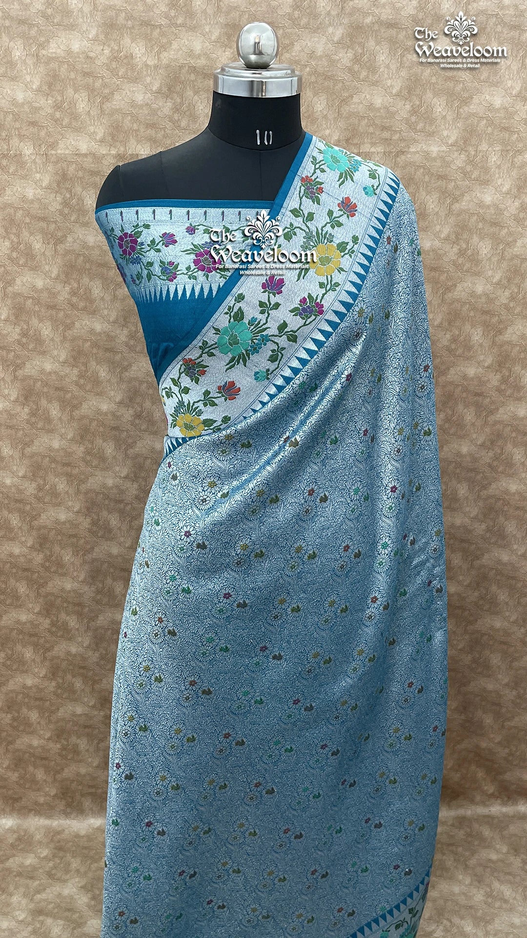 German Blue - Tussar Georgette Brocade Banarasi Saree with Meenakari - The Weaveloom