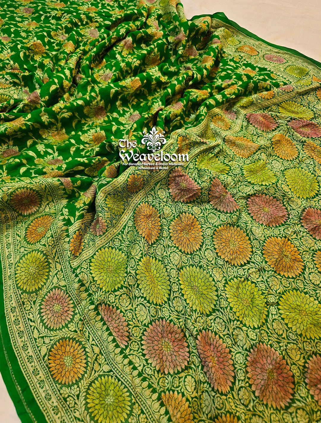 Green Colour Saree - Khaddi Chiffon Pure Banarasi Saree - The Weaveloom