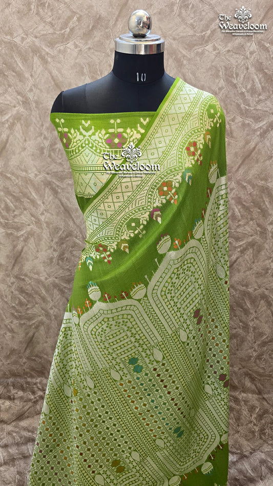 Pista Green Tussar Georgette Pure Banarasi Saree with Meenakari - The Weaveloom