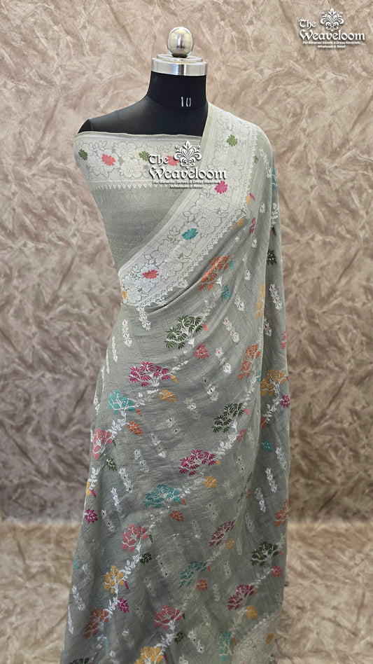 Grey Tussar Georgette Banarasi Saree with Meenakari Work - The Weaveloom