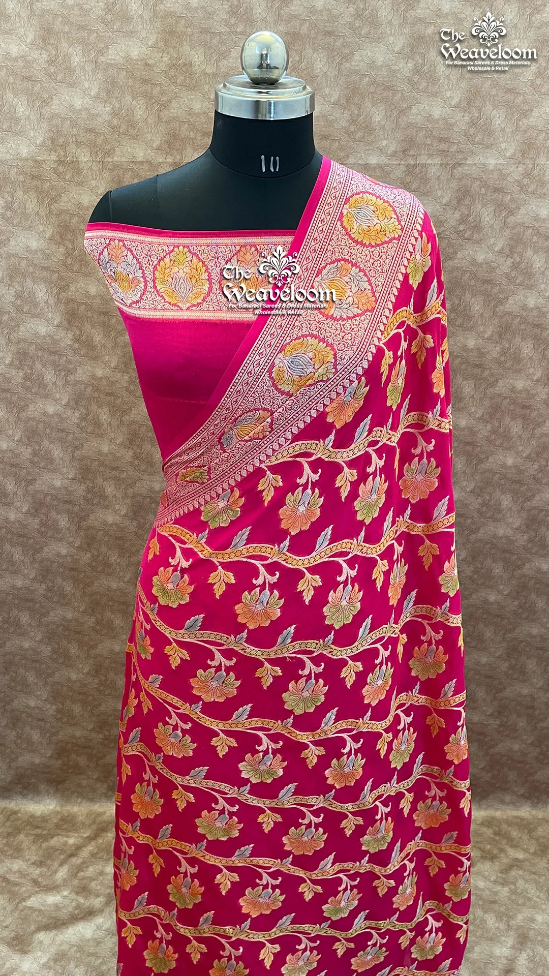 Hot Pink Pure Khaddi Chiffon Banarasi Saree with Floral Jaal Work – The Weaveloom