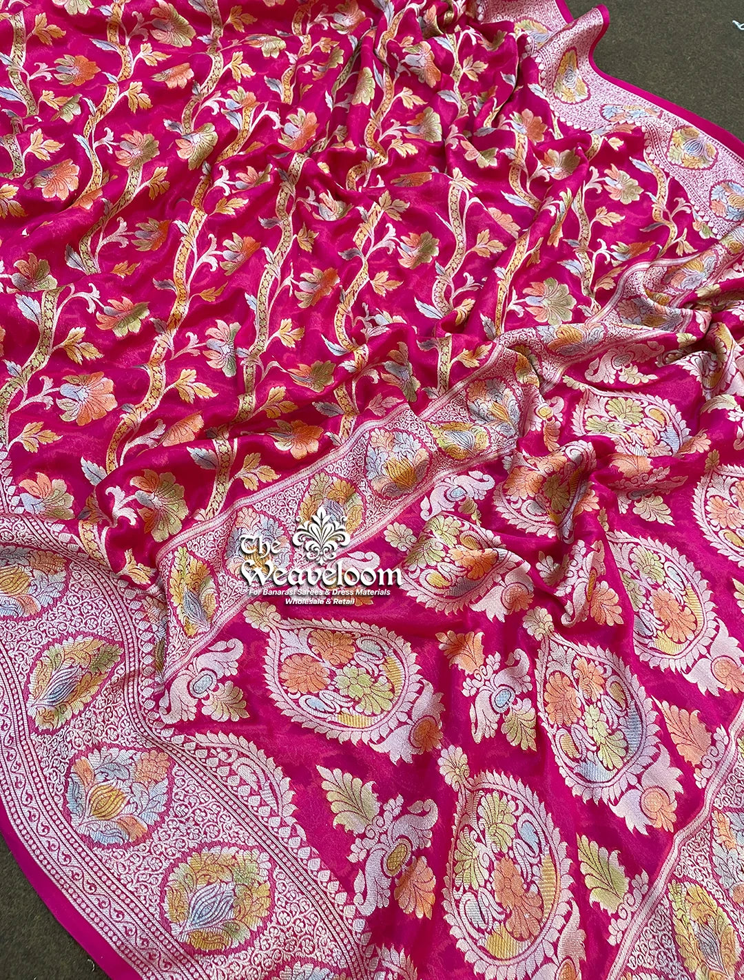 Hot Pink Pure Khaddi Chiffon Banarasi Saree with Floral Jaal Work – The Weaveloom