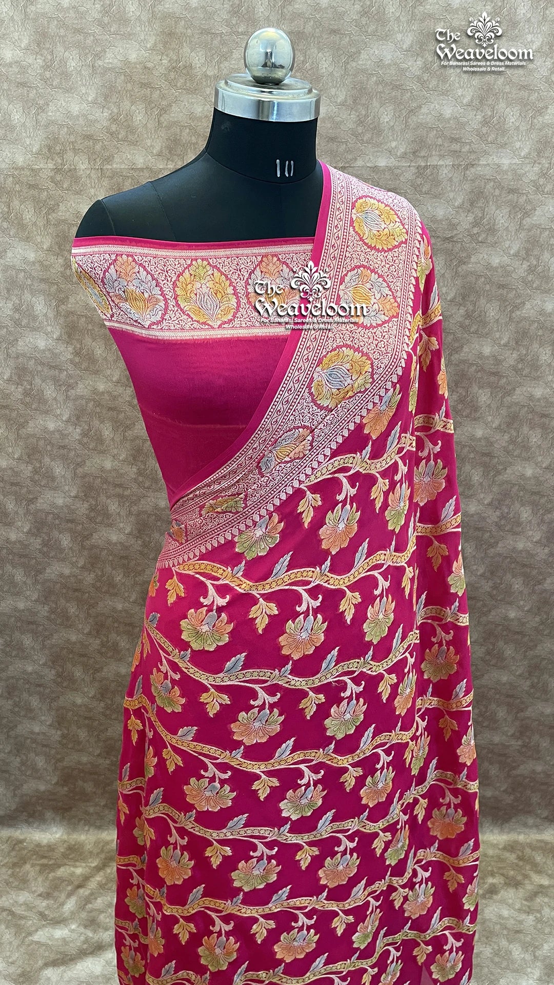 Hot Pink Pure Khaddi Chiffon Banarasi Saree with Floral Jaal Work – The Weaveloom