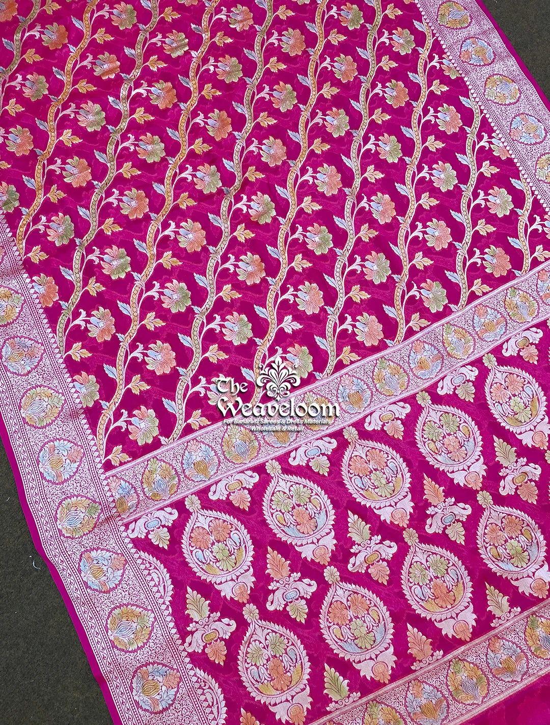 Hot Pink Pure Khaddi Chiffon Banarasi Saree with Floral Jaal Work – The Weaveloom