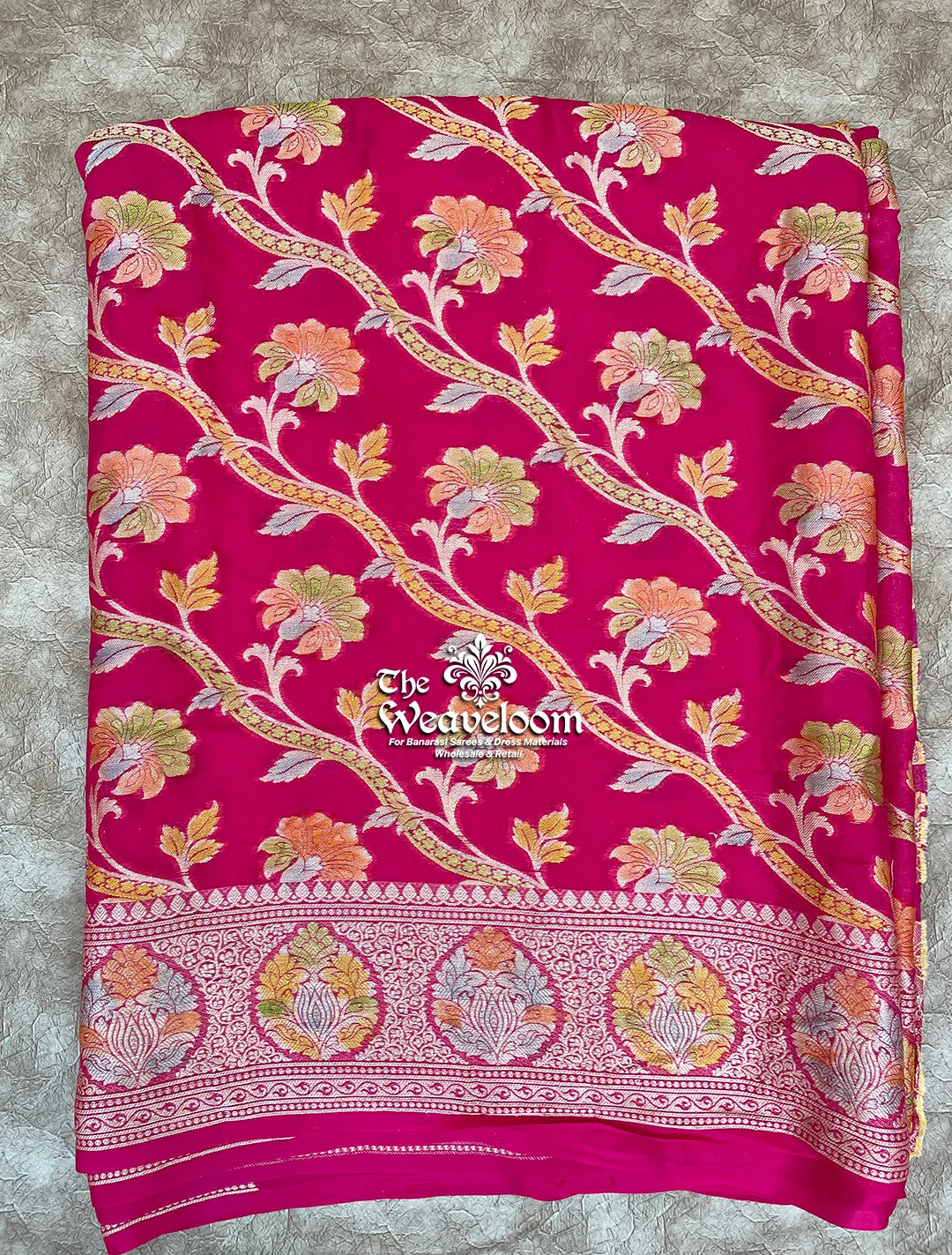 Hot Pink Pure Khaddi Chiffon Banarasi Saree with Floral Jaal Work – The Weaveloom