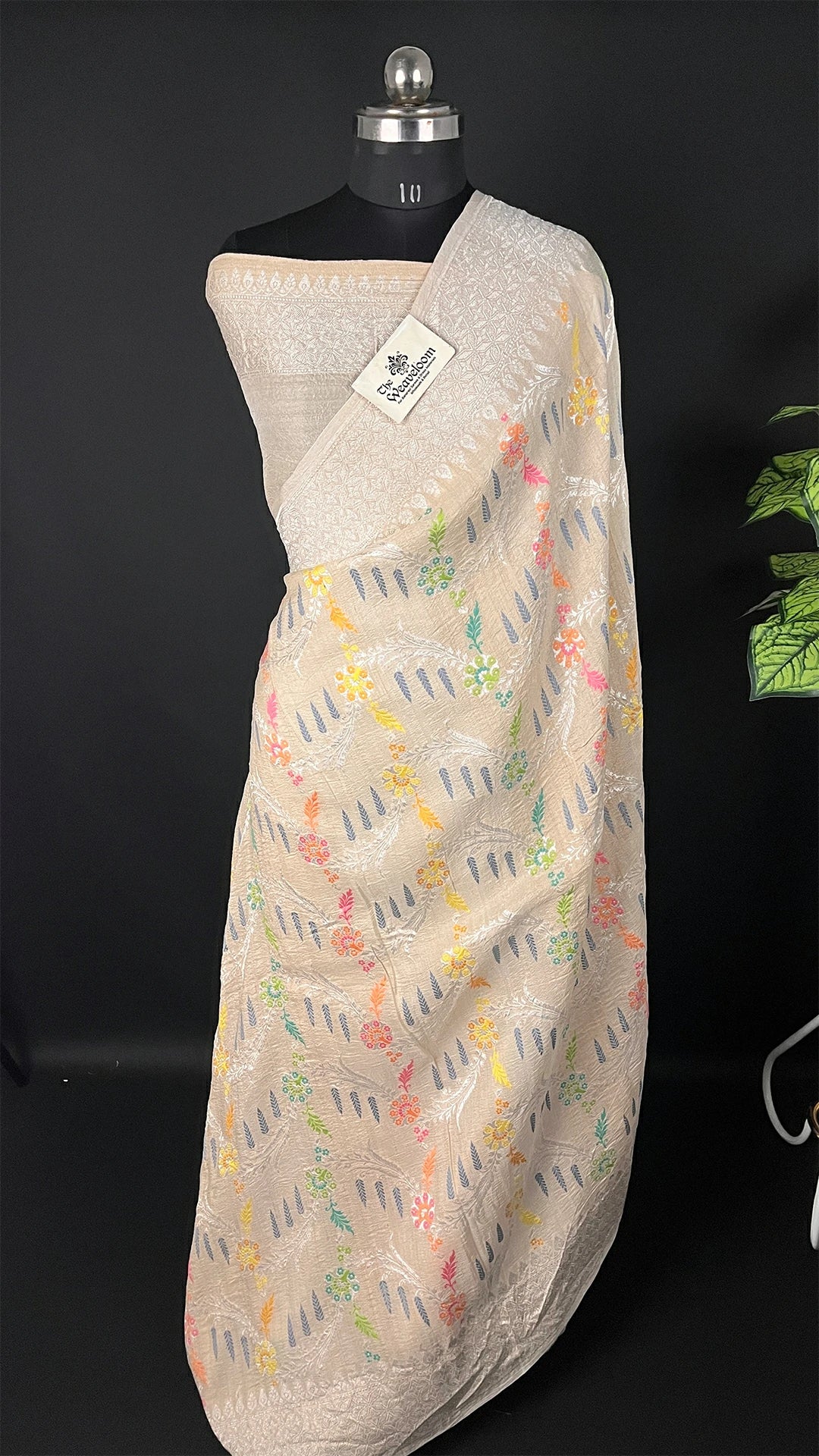 Ivory Tussar Georgette Pure Banarasi Saree with Multicolor Meenakari by The Weaveloom