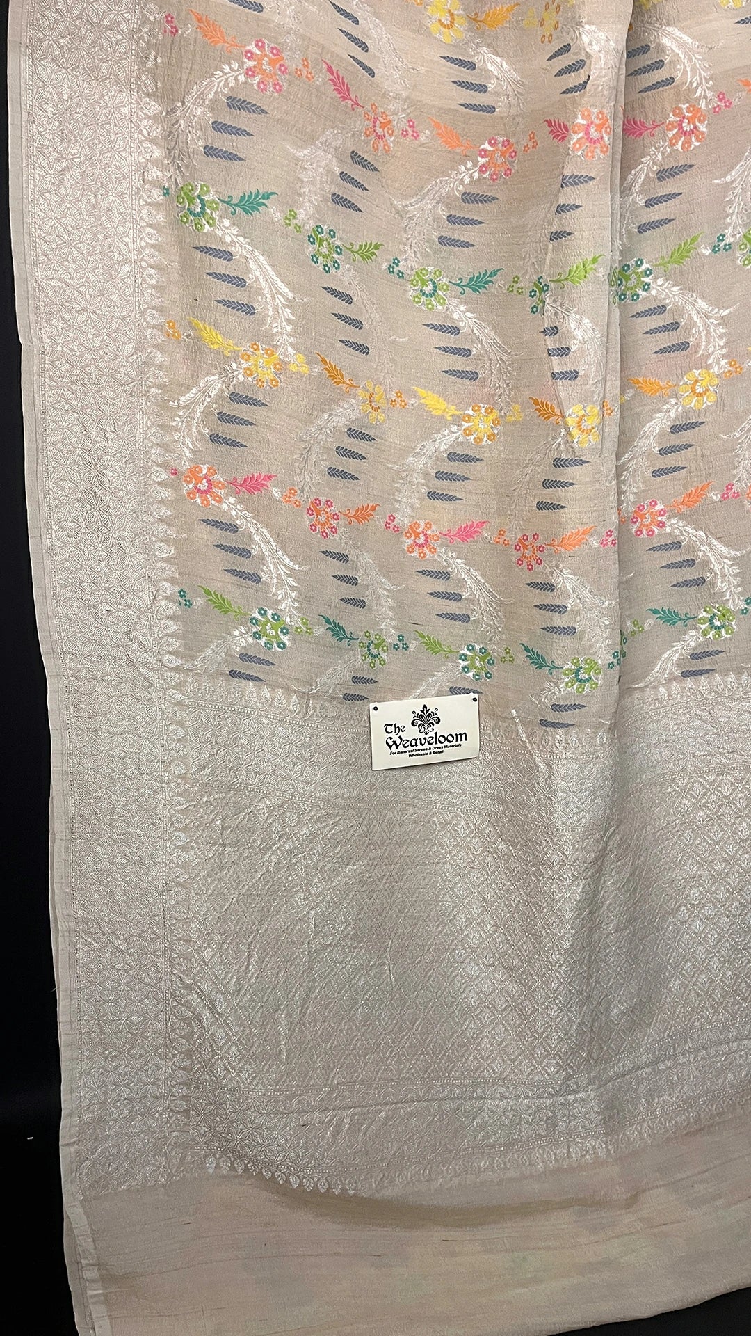 Ivory Tussar Georgette Pure Banarasi Saree with Multicolor Meenakari by The Weaveloom