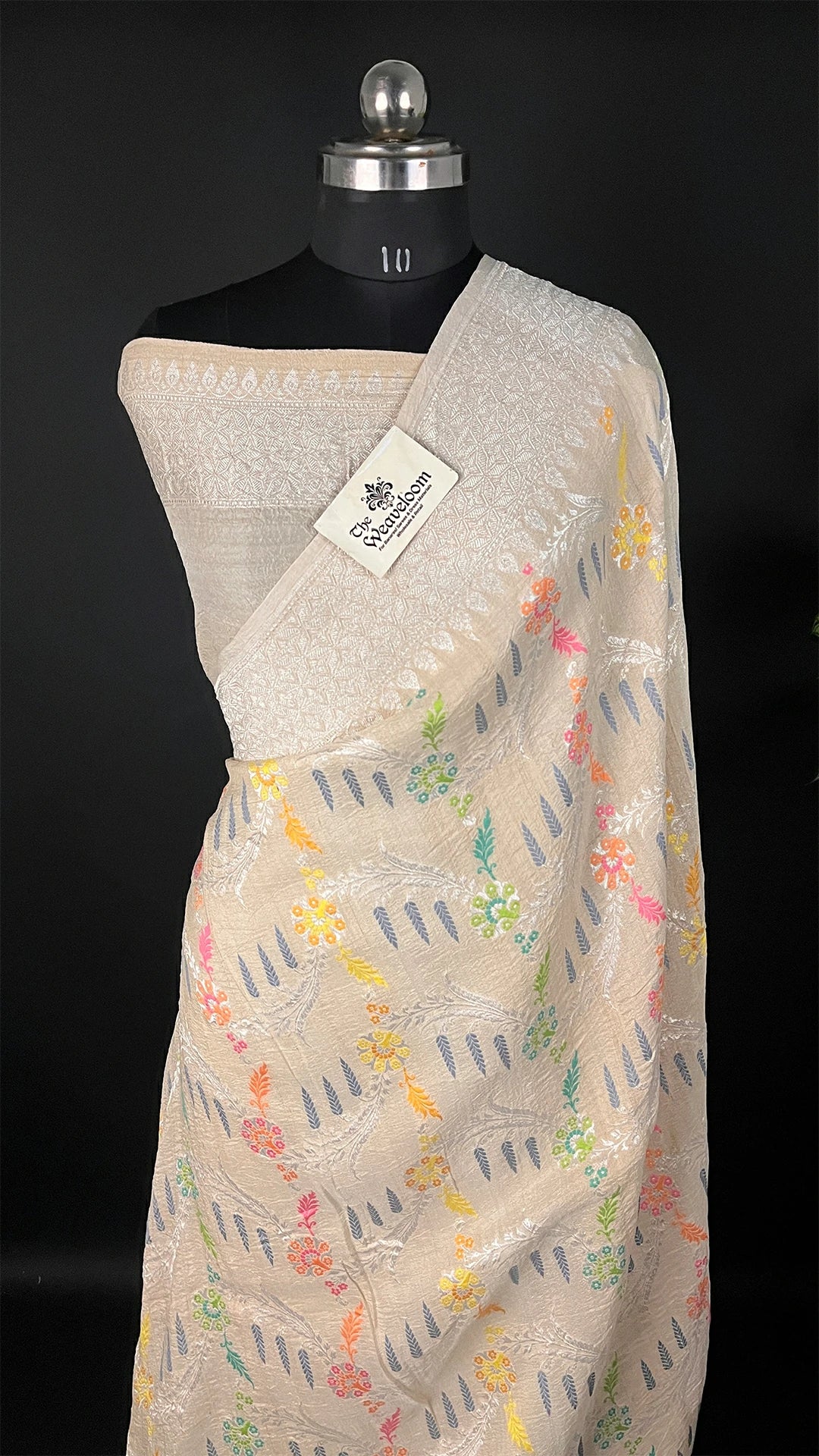 Ivory Tussar Georgette Pure Banarasi Saree with Multicolor Meenakari by The Weaveloom