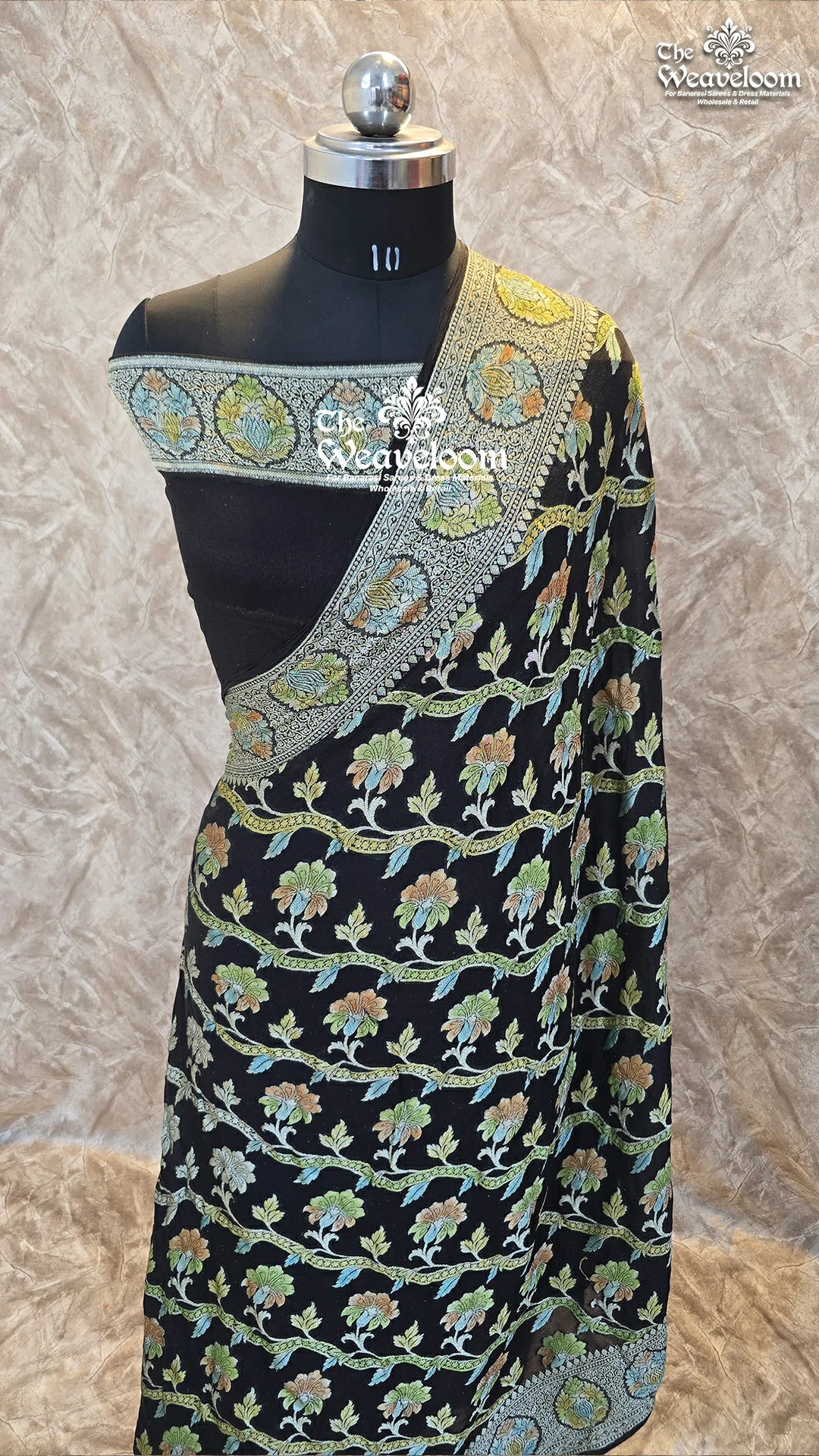 Black Khaddi Chiffon Pure Banarasi Saree with Customizable Color Option and Running Blouse
