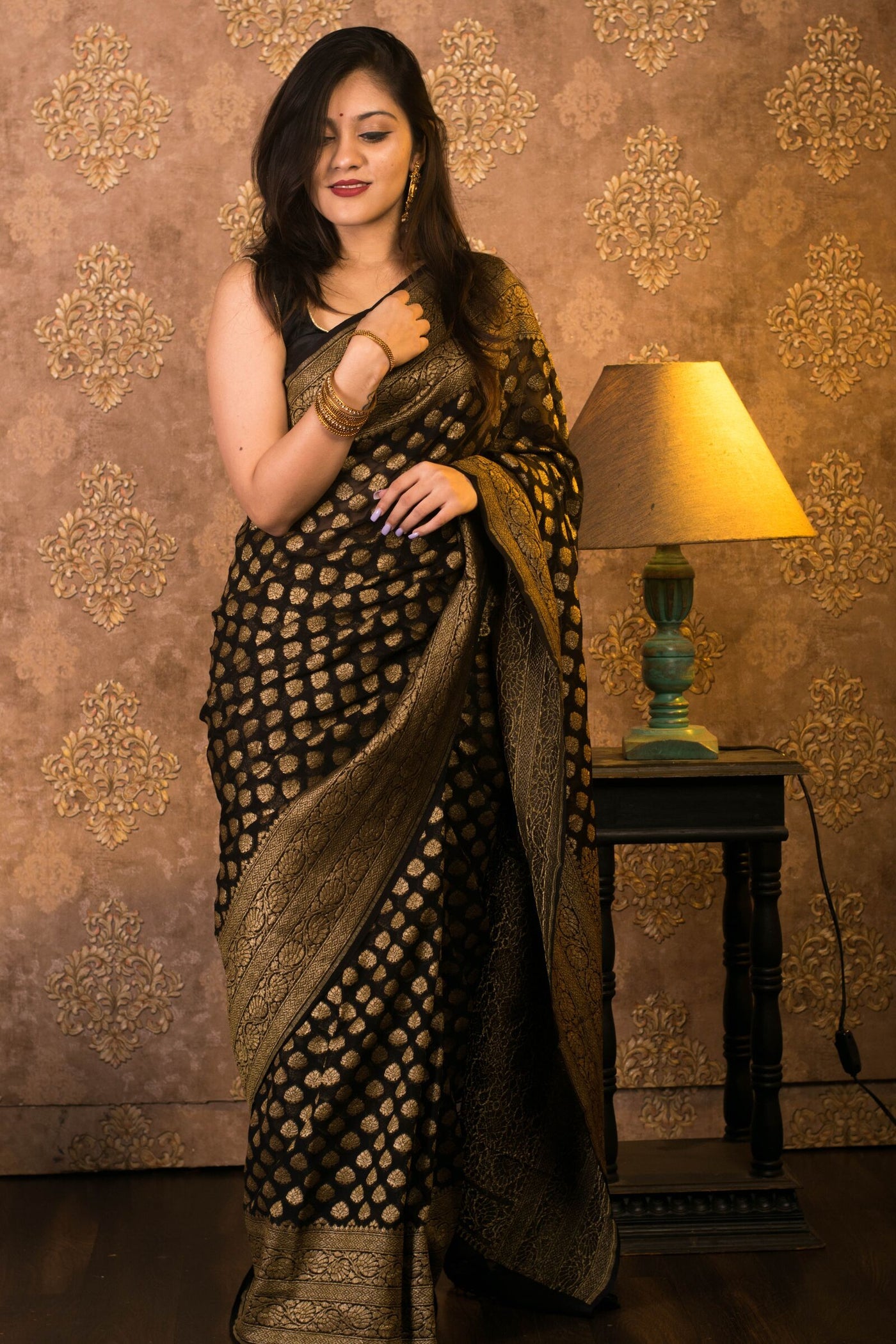 Black Khaddi Georgette Antique Zari Pure Banarasi Saree with 6.5-meter length and running blouse, customizable in any color.