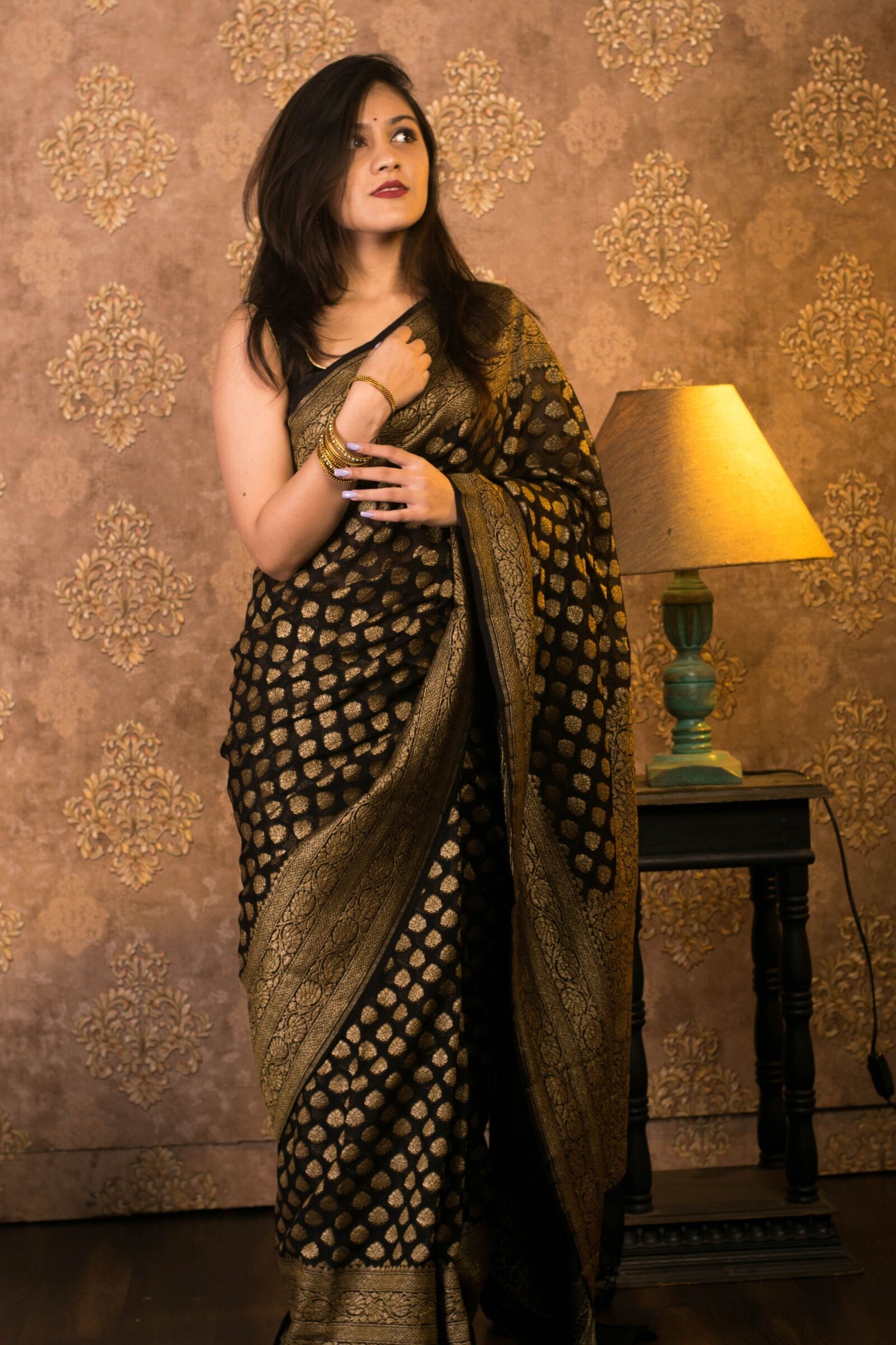 Black Khaddi Georgette Antique Zari Pure Banarasi Saree with 6.5-meter length and running blouse, customizable in any color.