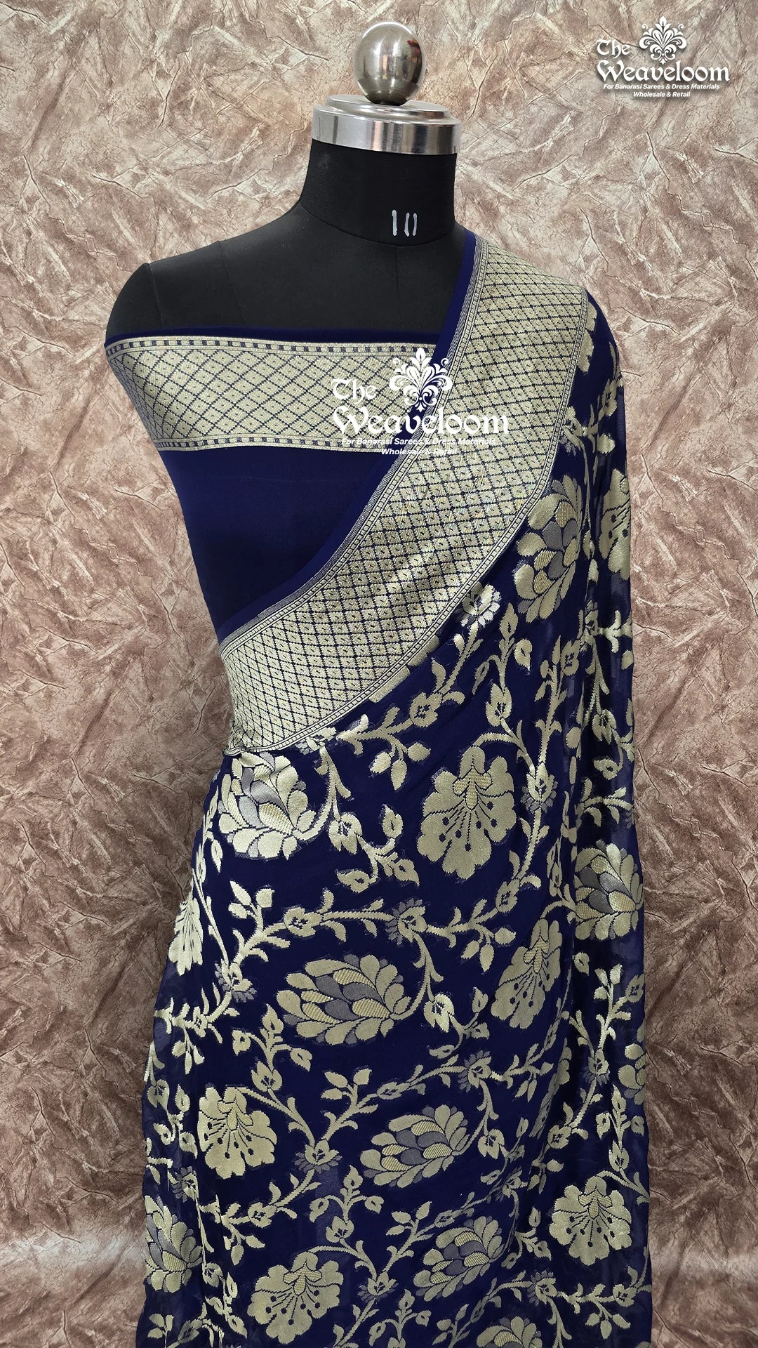 Navy Blue Khaddi Georgette Water Zari Pure Banarasi Saree with customizable color options, 6.5 meters length, and matching running blouse.