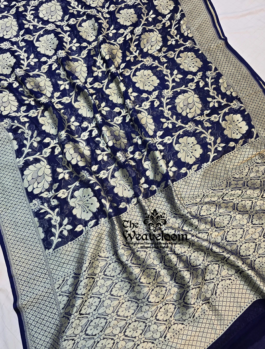 Navy Blue Khaddi Georgette Water Zari Pure Banarasi Saree with customizable color options, 6.5 meters length, and matching running blouse.