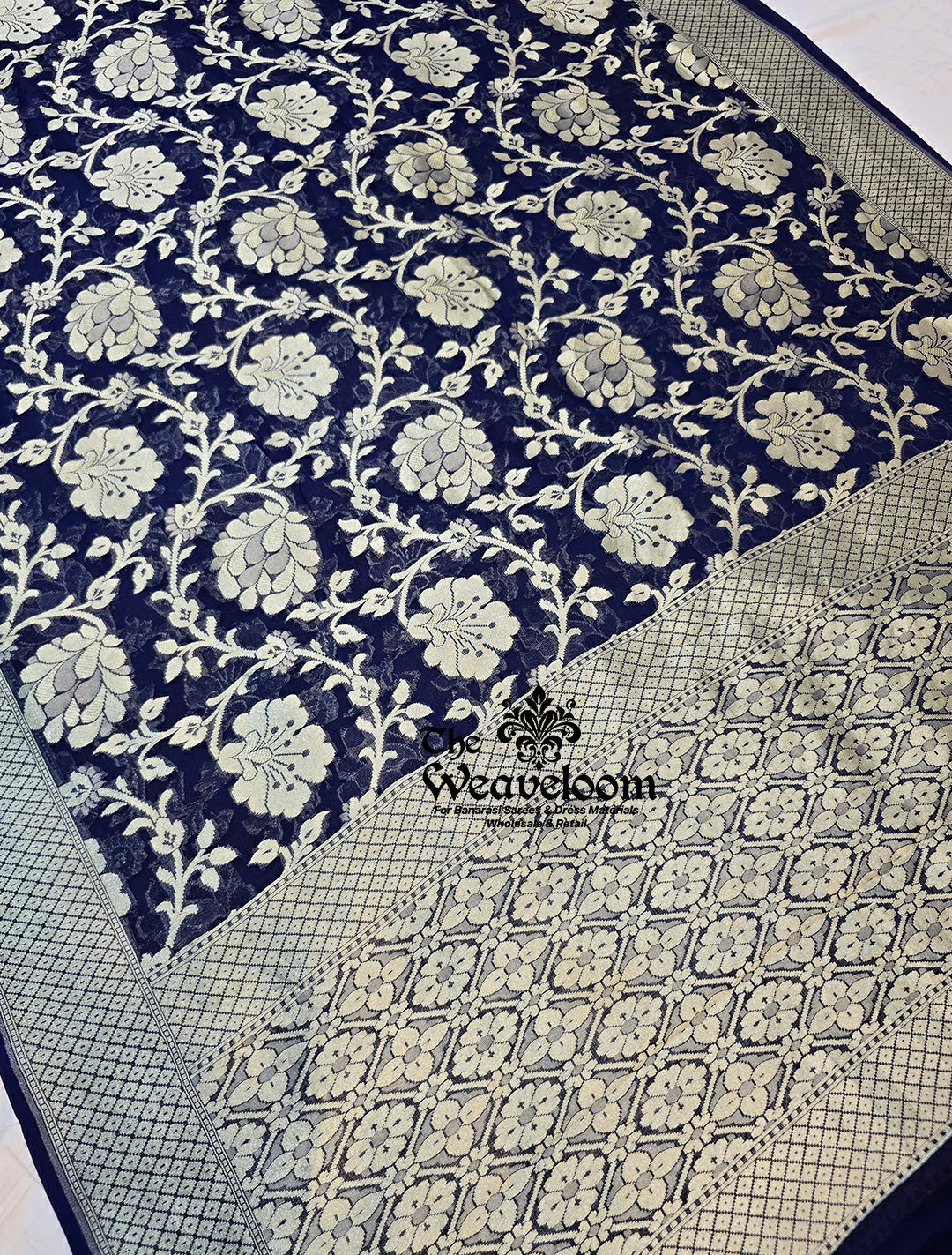 Navy Blue Khaddi Georgette Water Zari Pure Banarasi Saree with customizable color options, 6.5 meters length, and matching running blouse.