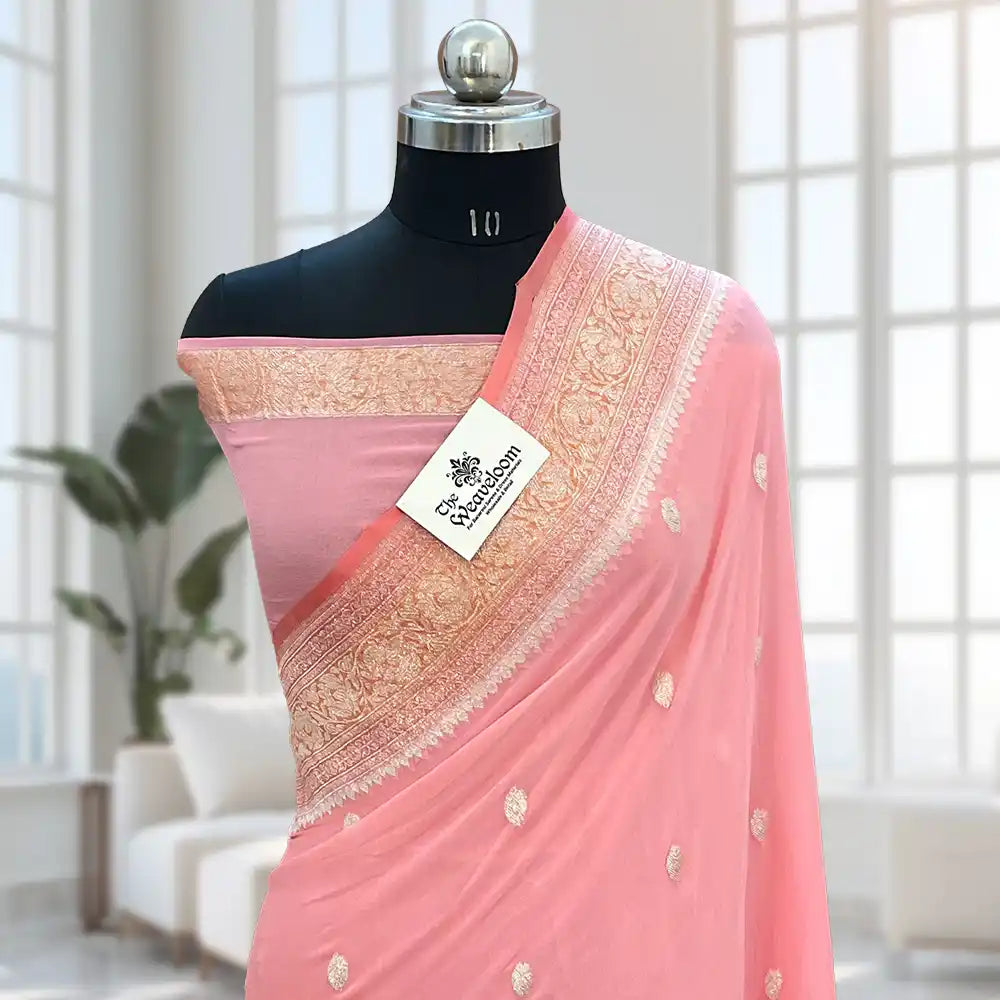 Light Pista Green Pure Khaddi Georgette Handloom Kadwa Banarasi Saree from The Weaveloom