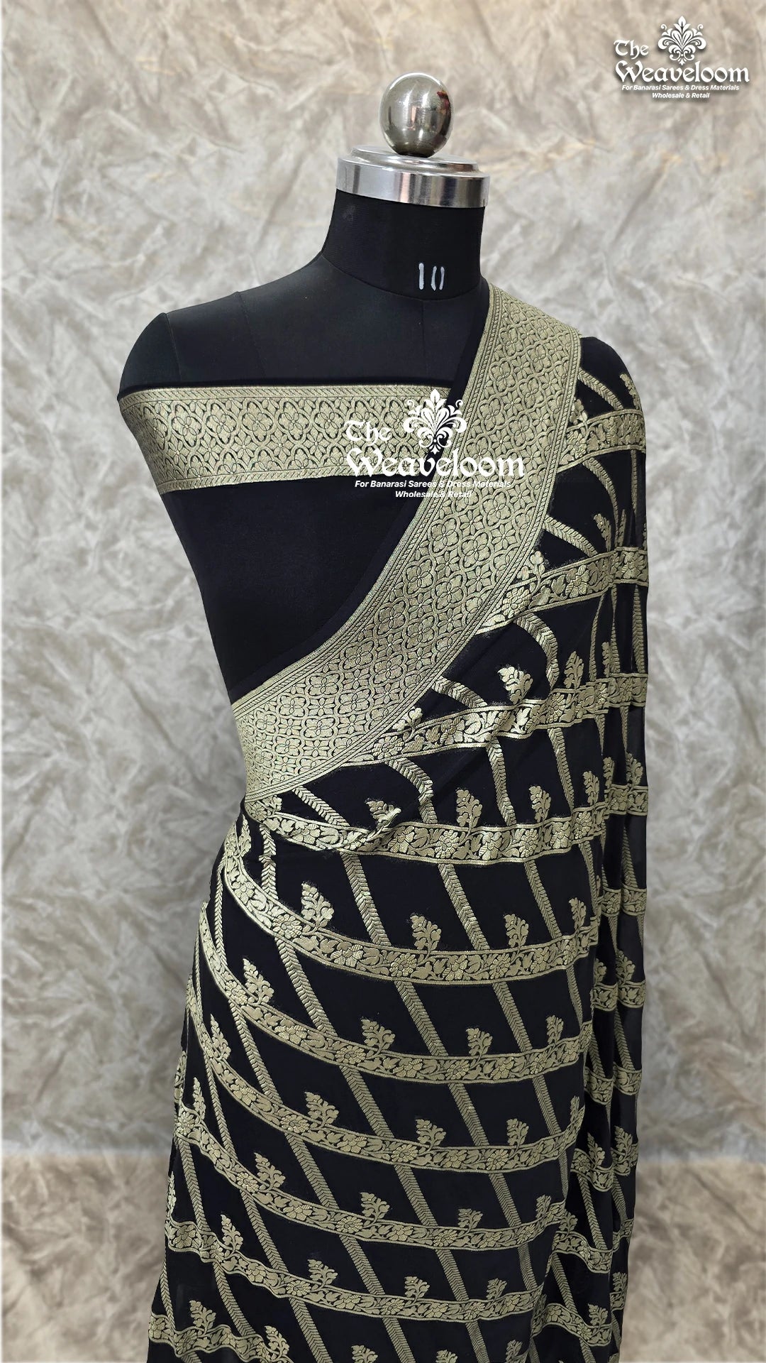Black Khaddi Georgette Water Zari Pure Banarasi Saree with intricate detailing and customizable color options.