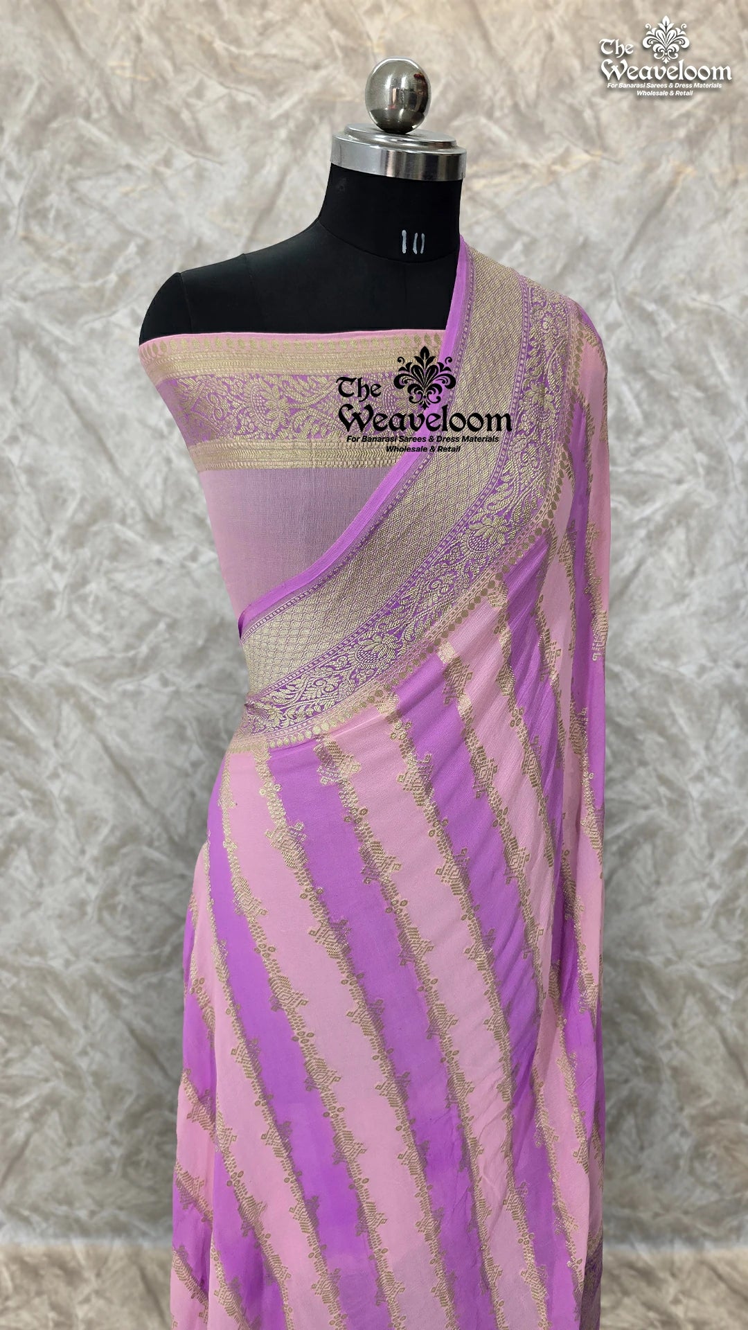 Khaddi Georgette Water Zari Pure Banarasi Saree in Lavender with Intricate Water Zari Stripes and Matching Running Blouse Piece