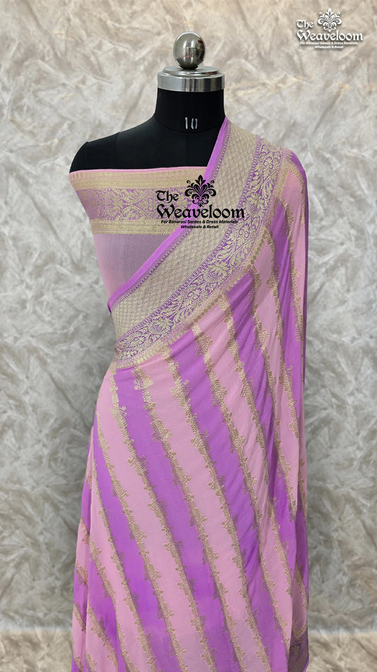 Khaddi Georgette Water Zari Pure Banarasi Saree in Lavender with Intricate Water Zari Stripes and Matching Running Blouse Piece