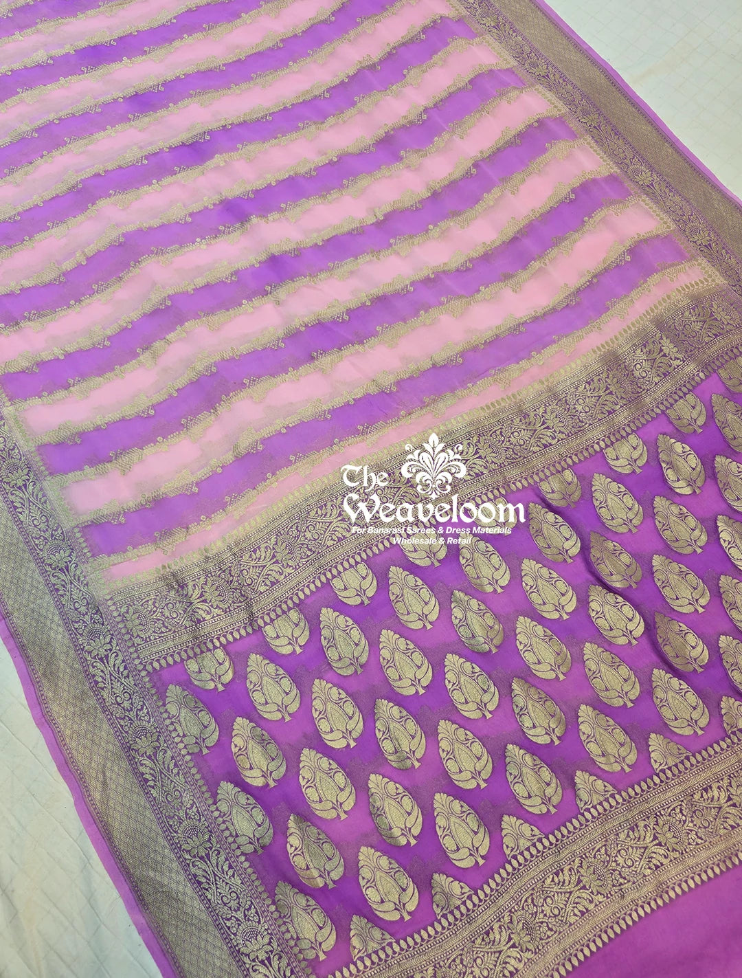 Khaddi Georgette Water Zari Pure Banarasi Saree in Lavender with Intricate Water Zari Stripes and Matching Running Blouse Piece