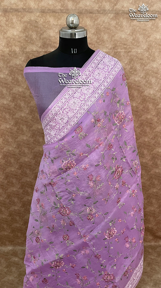 Lavender Pink Kora Organza Silk Chikankari Banarasi Saree
