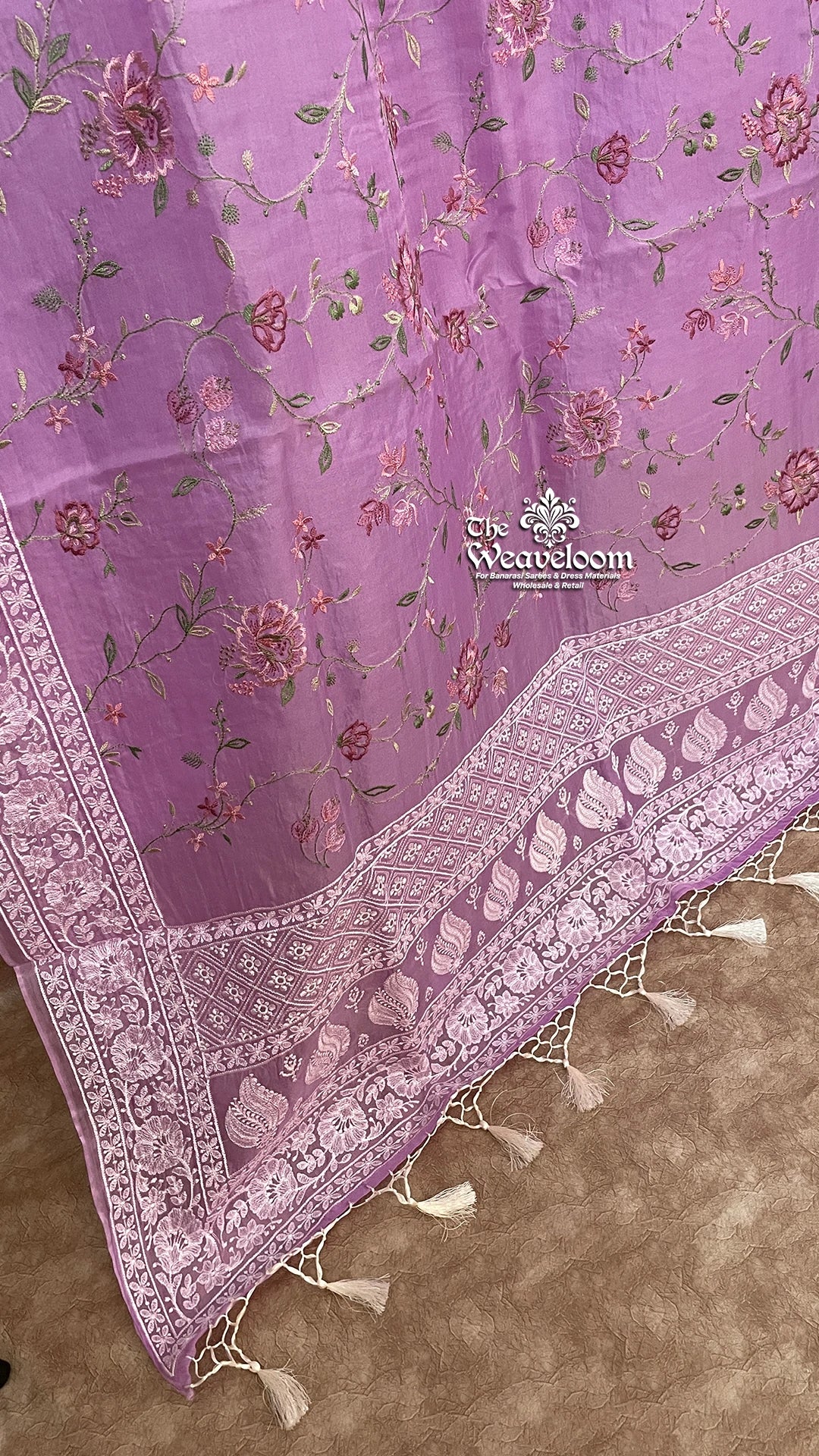 Lavender Pink Kora Organza Silk Chikankari Banarasi Saree