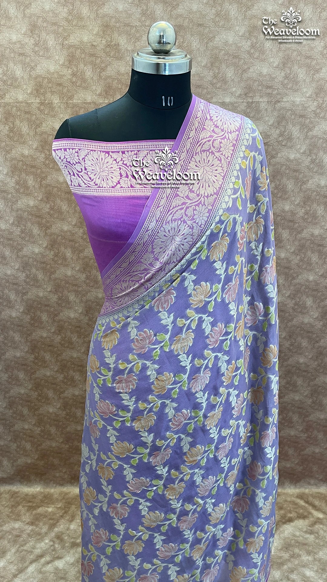 Lavender - Pure Khaddi Chiffon Banarasi Saree with Floral Jaal and Han Brush Work