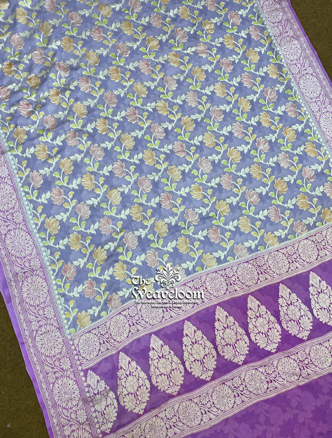 Lavender - Pure Khaddi Chiffon Banarasi Saree with Floral Jaal and Han Brush Work