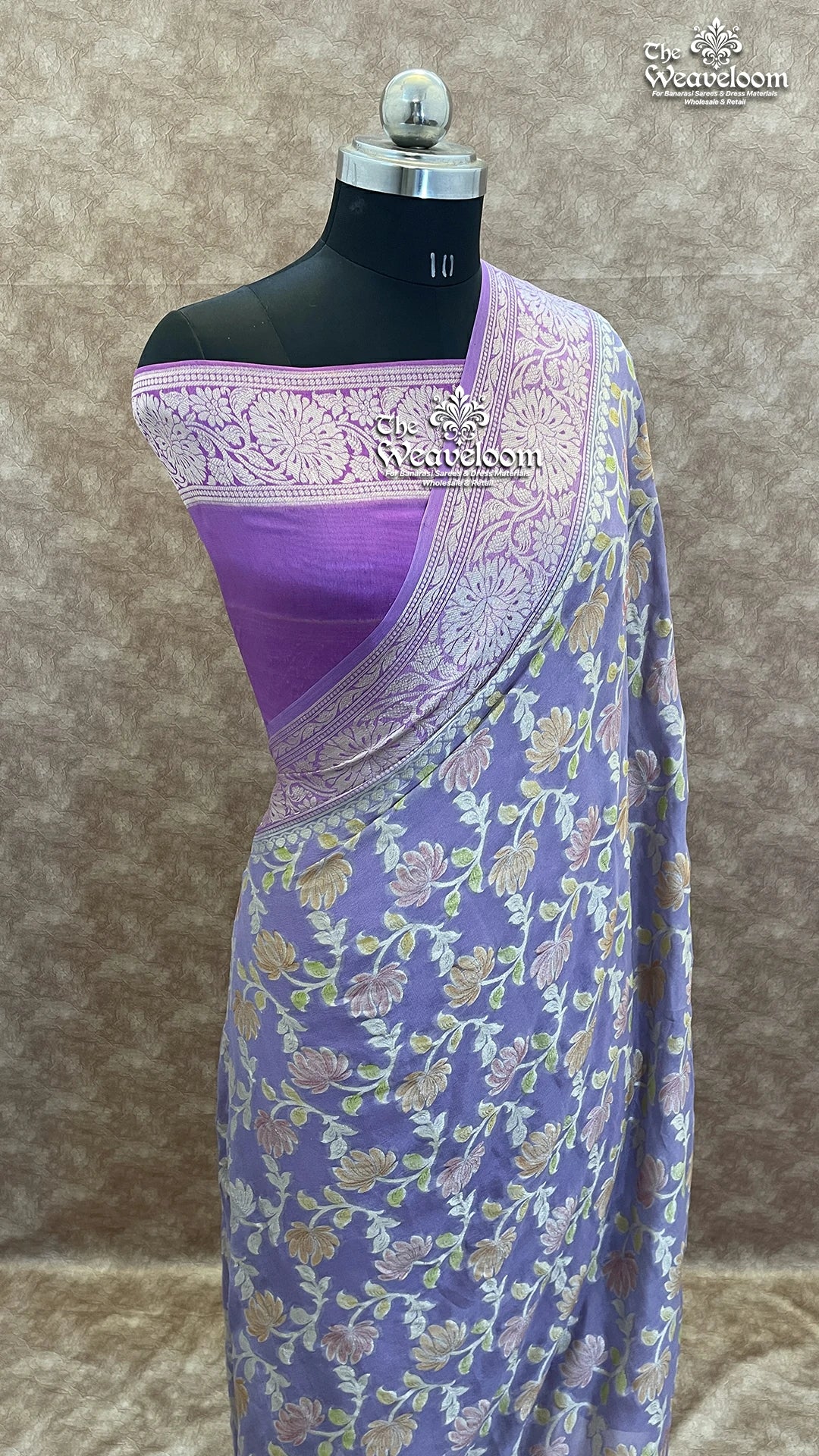 Lavender - Pure Khaddi Chiffon Banarasi Saree with Floral Jaal and Han Brush Work