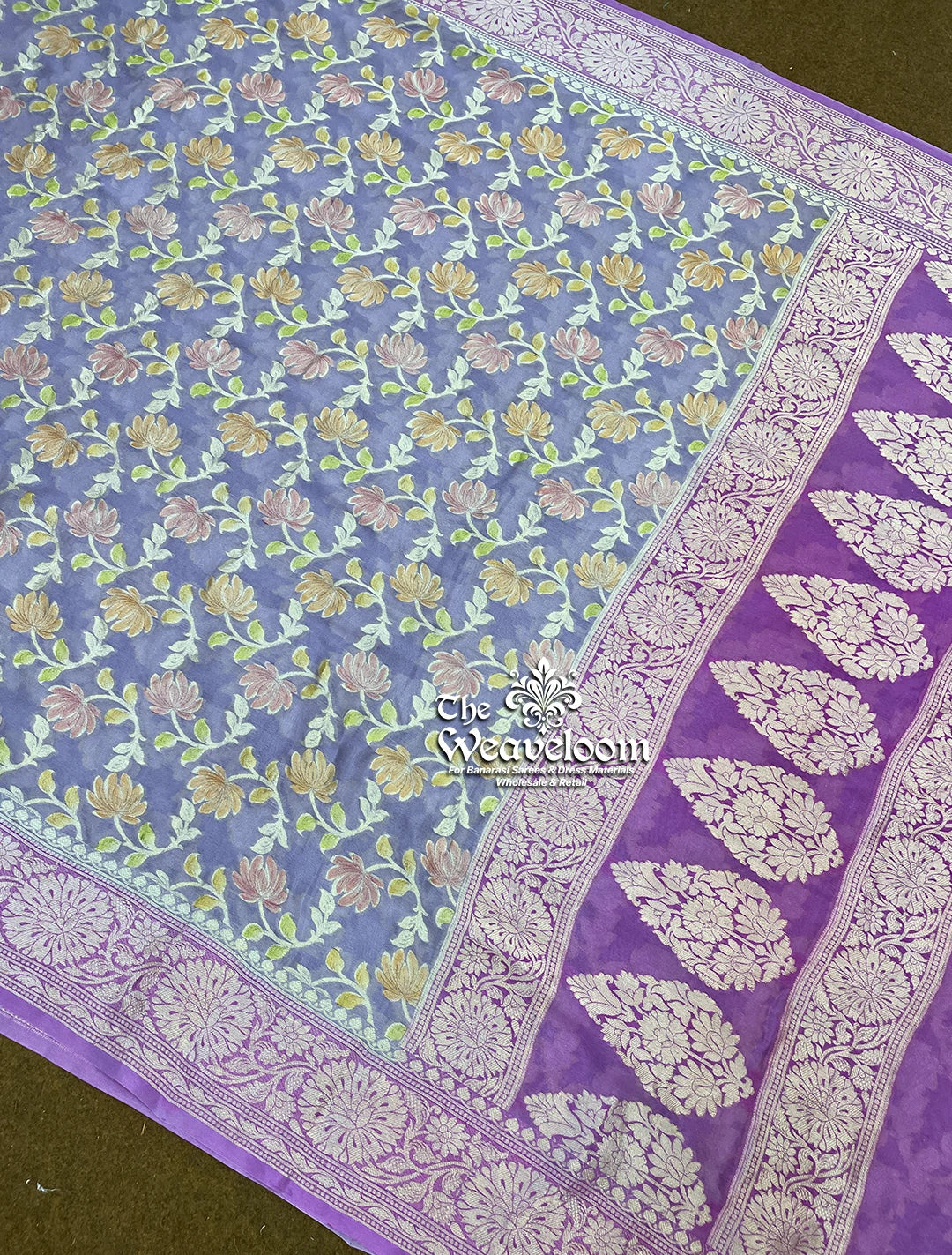 Lavender - Pure Khaddi Chiffon Banarasi Saree with Floral Jaal and Han Brush Work