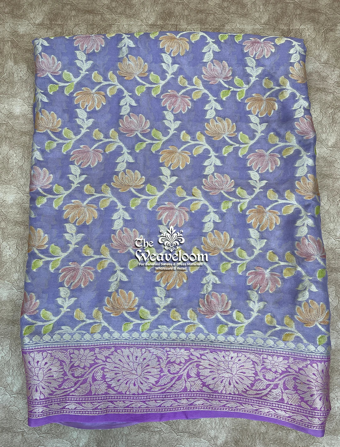 Lavender - Pure Khaddi Chiffon Banarasi Saree with Floral Jaal and Han Brush Work