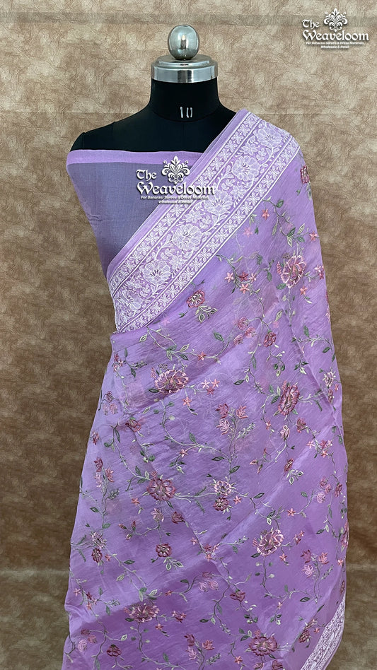Lavender (Violet Tone) Kora Organza Silk Chikankari Banarasi Saree - The Weaveloom
