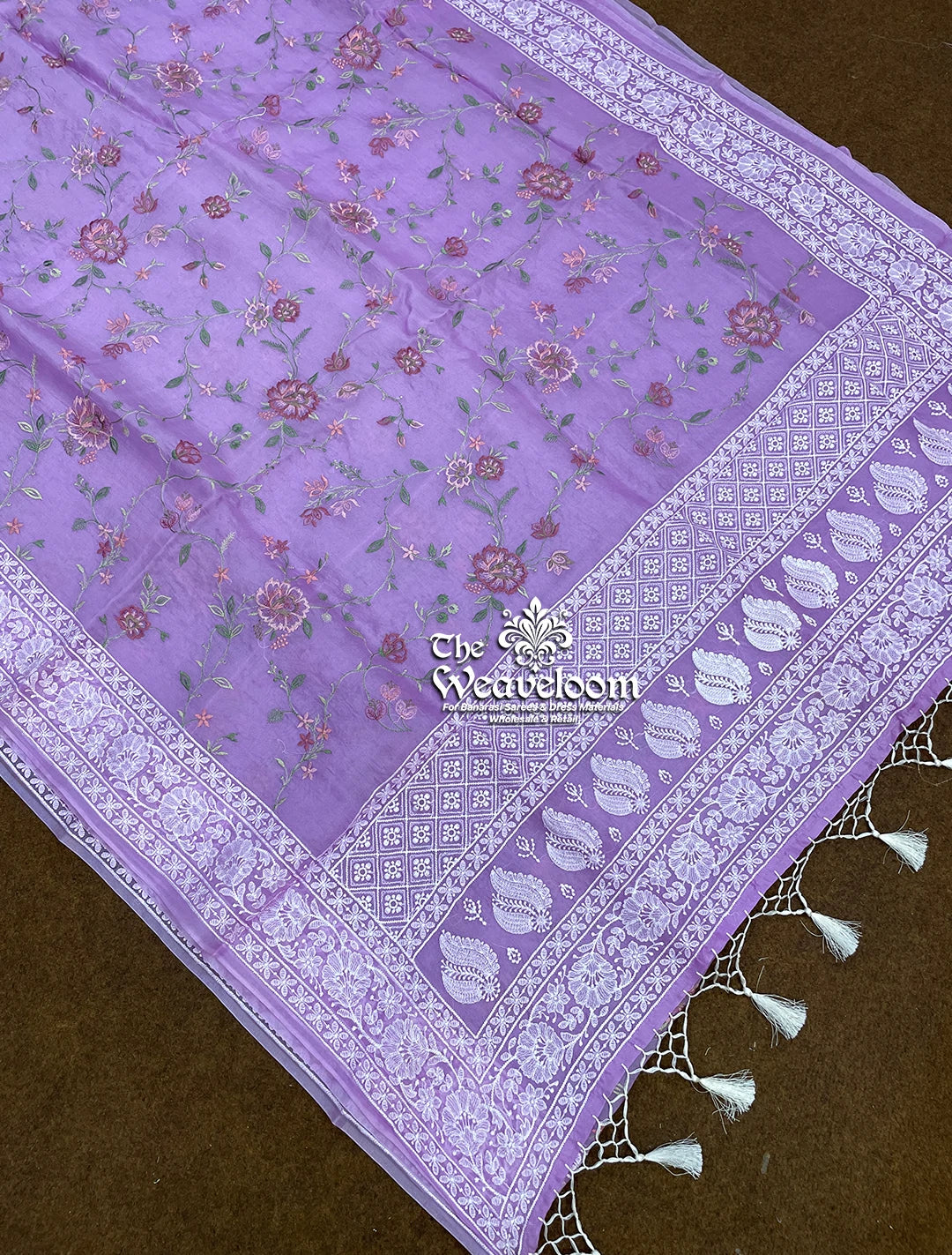 Lavender (Violet Tone) Kora Organza Silk Chikankari Banarasi Saree - The Weaveloom