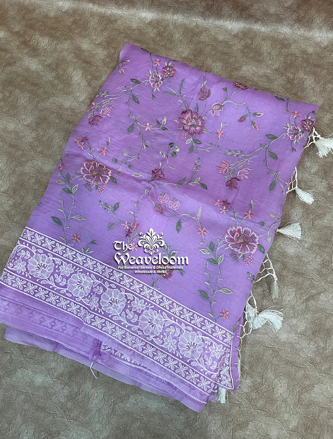 Lavender (Violet Tone) Kora Organza Silk Chikankari Banarasi Saree - The Weaveloom