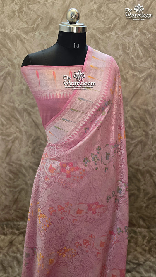 Light Pink Tussar Georgette Pure Banarasi Saree with Meenakari by The Weaveloom – Elegant pastel pink saree with 100% color customization option.