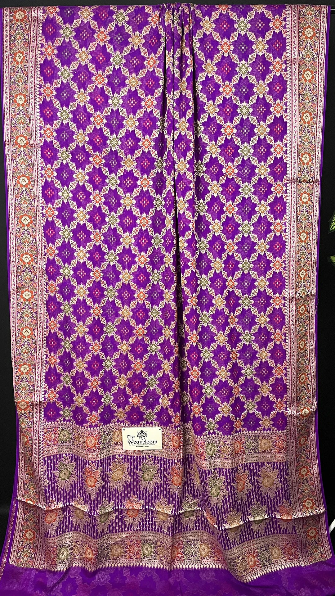 Magenta Khaddi Chiffon Pure Banarasi Saree with Meenakari Work - The Weaveloom | magenta chiffon banarasi saree ornate floral jaal and gold zari border