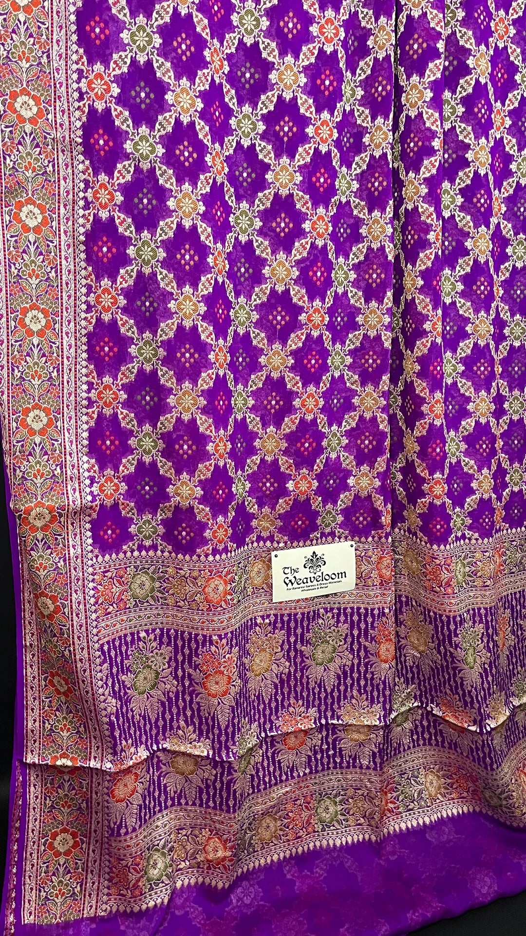 Magenta Khaddi Chiffon Pure Banarasi Saree with Meenakari Work - The Weaveloom | magenta chiffon banarasi saree ornate floral jaal and gold zari border