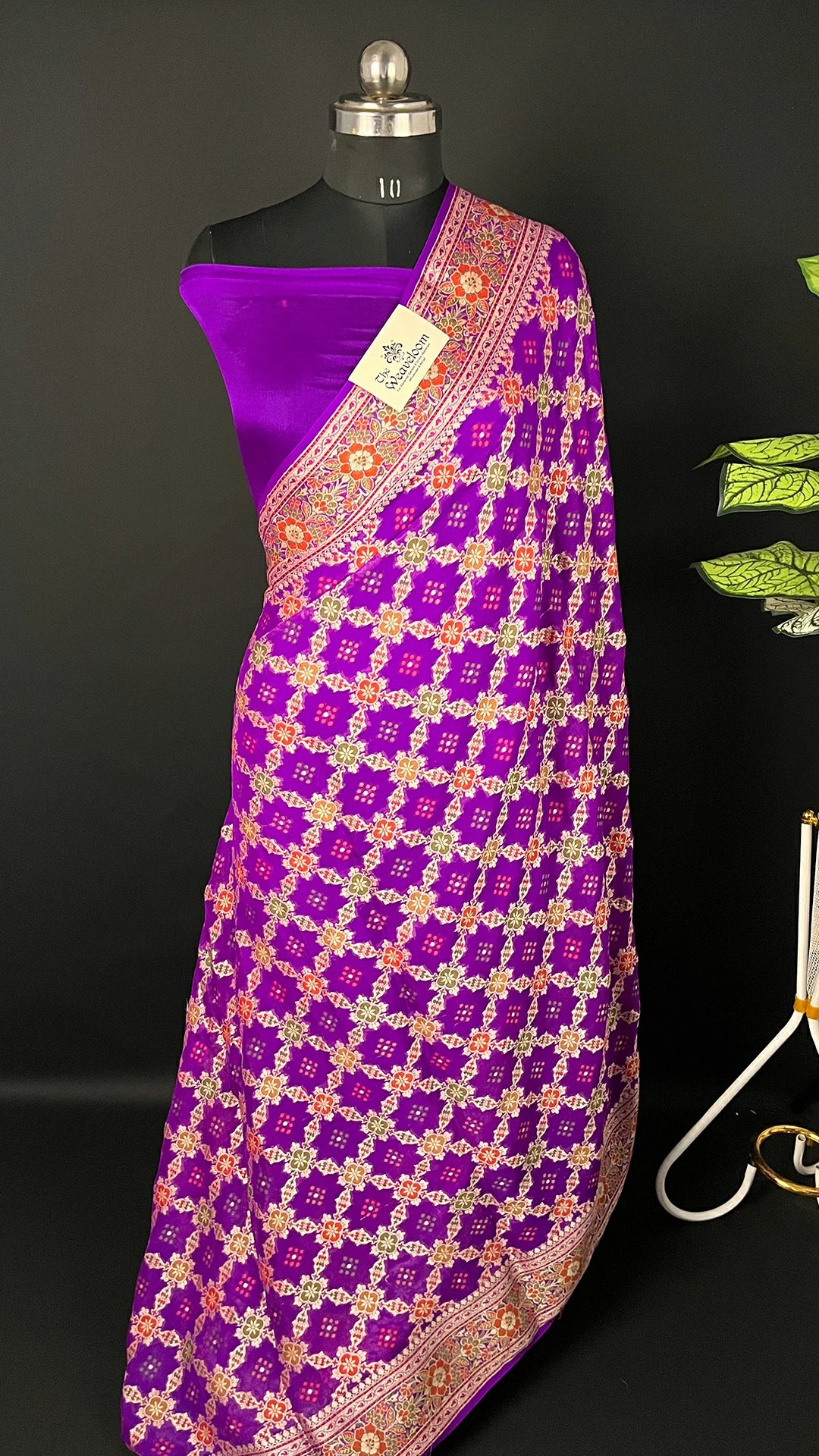 Magenta Khaddi Chiffon Pure Banarasi Saree with Meenakari Work - The Weaveloom | magenta chiffon banarasi saree ornate floral jaal and gold zari border
