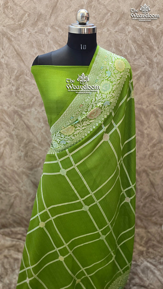 Mehendi Green Tussar Georgette Pure Banarasi Saree with Meenakari by The Weaveloom – Elegant saree for weddings and traditional occasions.