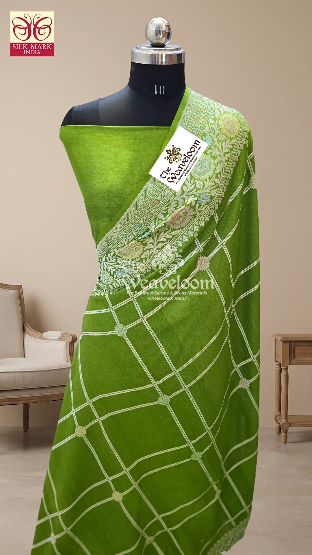 Mehendi Green Tussar Georgette Pure Banarasi Saree with Meenakari