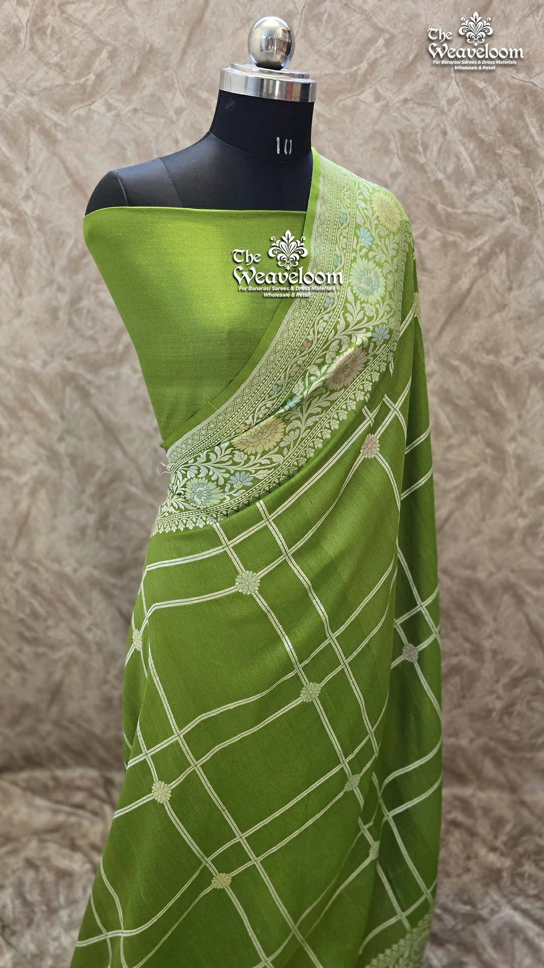 Mehendi Green Tussar Georgette Pure Banarasi Saree with Meenakari by The Weaveloom – Elegant saree for weddings and traditional occasions.