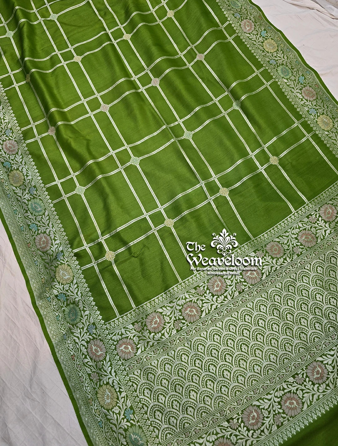 Mehendi Green Tussar Georgette Pure Banarasi Saree with Meenakari by The Weaveloom – Elegant saree for weddings and traditional occasions.