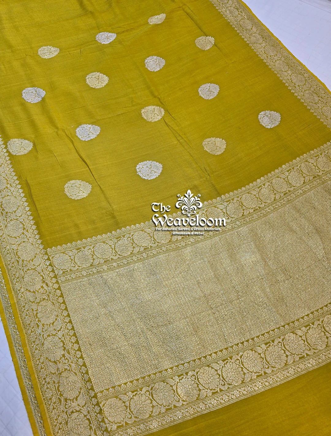 Mustard Yellow Pure Munga Silk Kadwa Handloom Banarasi Saree with Sona Rupa Motif - The Weaveloom